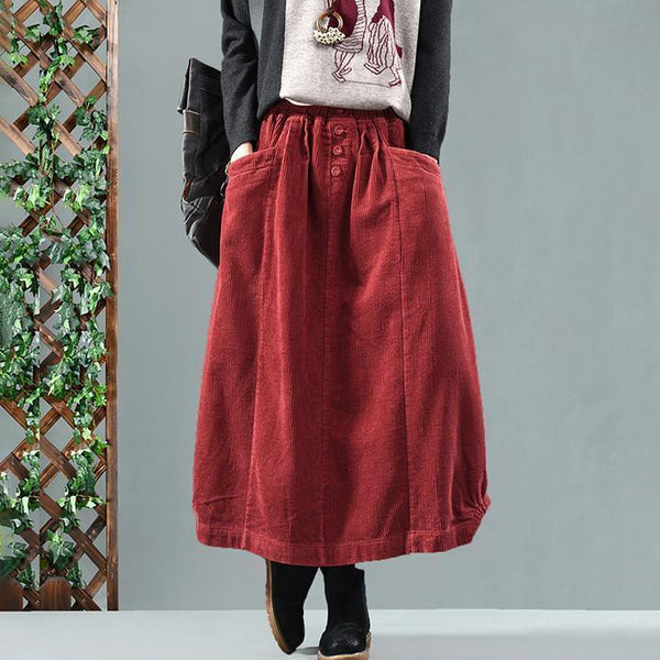 Vintage Elastic Waist Cotton Corduroy Skirt - ZYLIRA