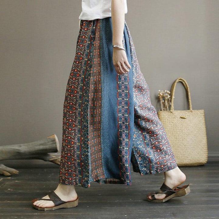 Vintage Printed Elastic Waist Loose Wide Leg Ramie Pants - ZYLIRA
