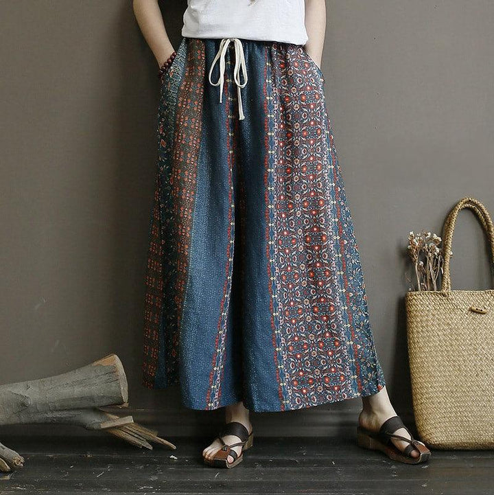 Vintage Printed Elastic Waist Loose Wide Leg Ramie Pants - ZYLIRA