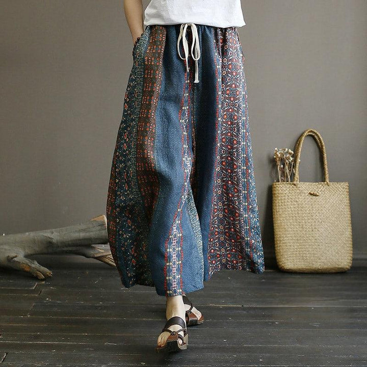 Vintage Printed Elastic Waist Loose Wide Leg Ramie Pants - ZYLIRA
