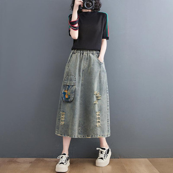 Vintage Ripped Loose A-Line Summer Denim Skirt - ZYLIRA