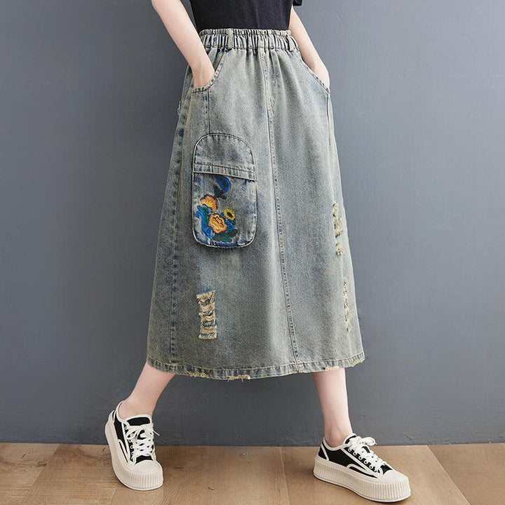 Vintage Ripped Loose A-Line Summer Denim Skirt - ZYLIRA