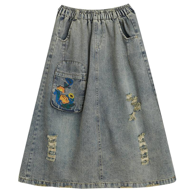 Vintage Ripped Loose A-Line Summer Denim Skirt - ZYLIRA