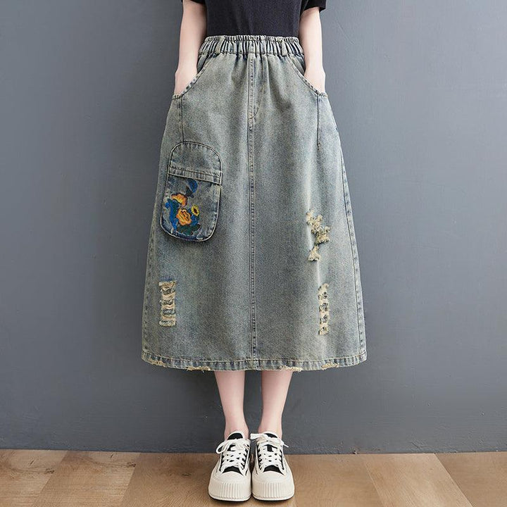 Vintage Ripped Loose A-Line Summer Denim Skirt - ZYLIRA