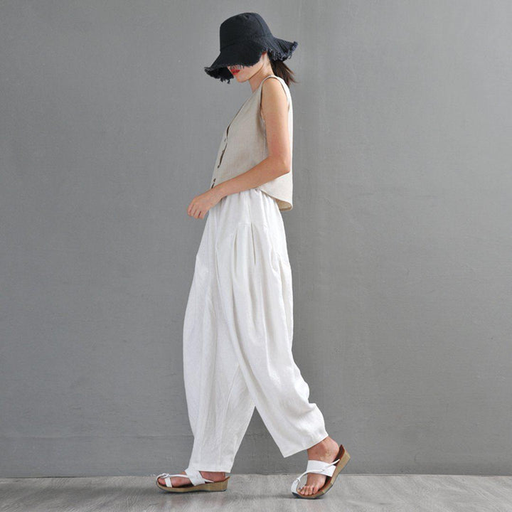 White Ruched Casual Linen Lartern Pants For Women - ZYLIRA