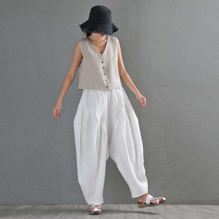 White Ruched Casual Linen Lartern Pants For Women - ZYLIRA