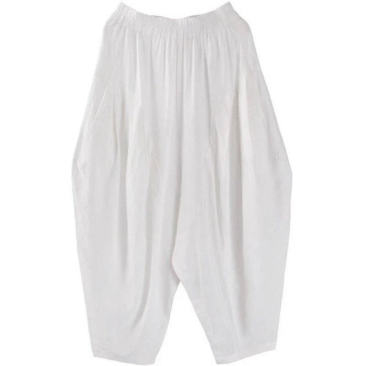 White Ruched Casual Linen Lartern Pants For Women - ZYLIRA