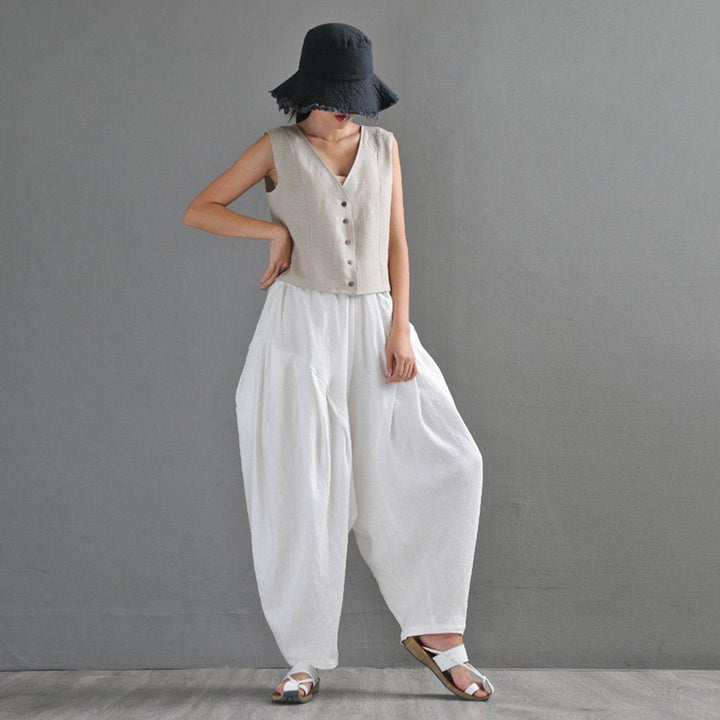 White Ruched Casual Linen Lartern Pants For Women - ZYLIRA