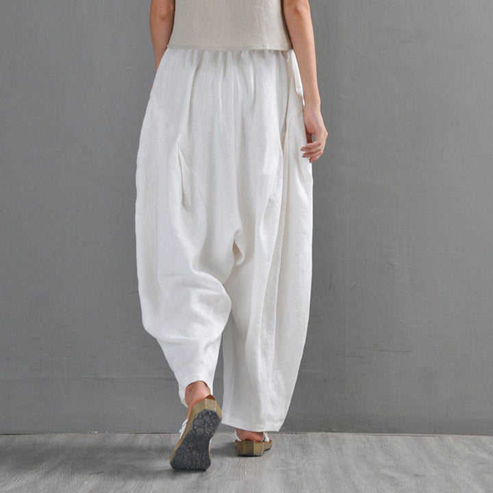 White Ruched Casual Linen Lartern Pants For Women - ZYLIRA