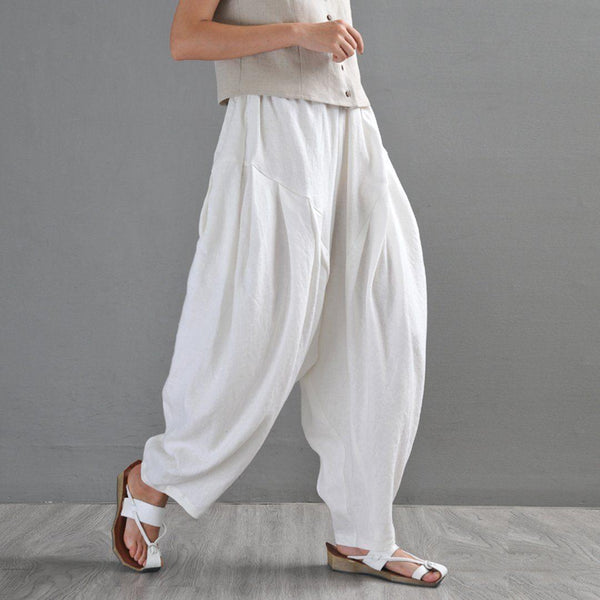 White Ruched Casual Linen Lartern Pants For Women - ZYLIRA