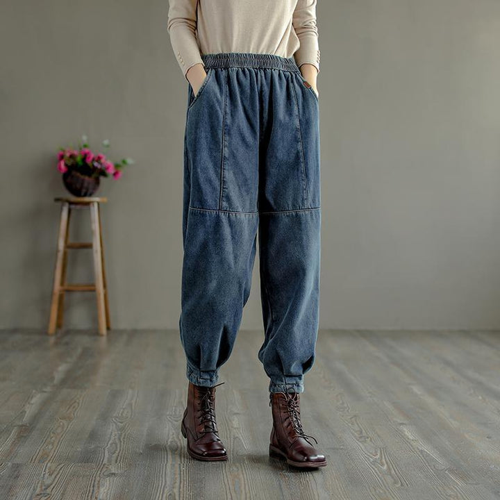 Winter Retro Fur Thick Casual Cotton Harem Jeans - ZYLIRA