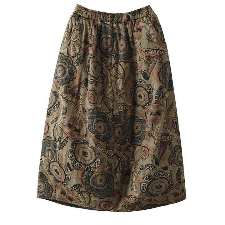 Winter Retro Print Cotton Linen Quilted Skirt - ZYLIRA