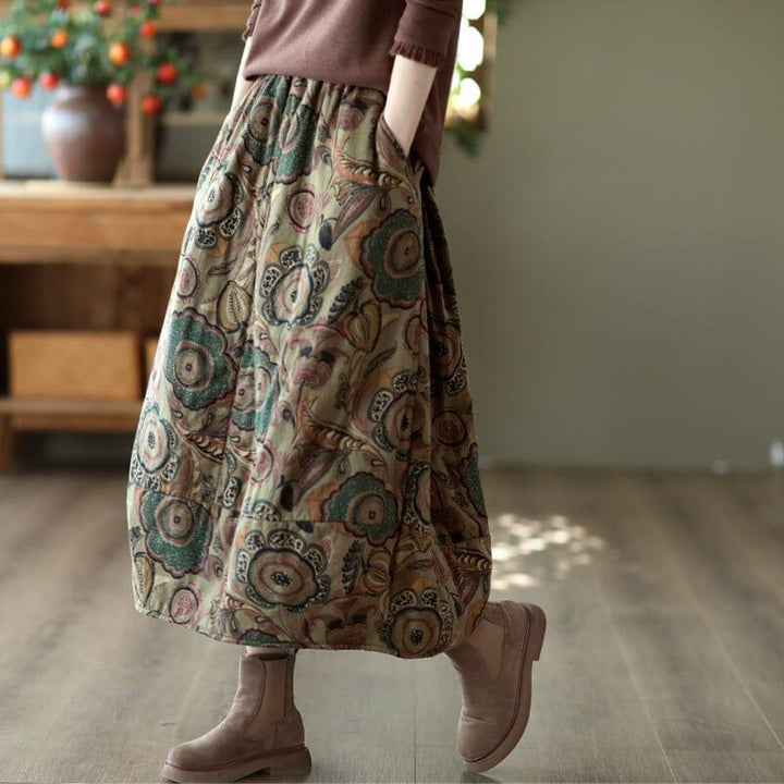 Winter Retro Print Cotton Linen Quilted Skirt - ZYLIRA