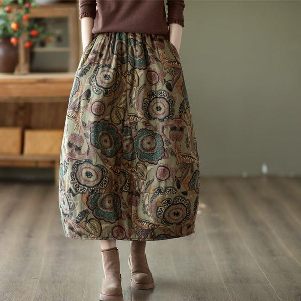 Winter Retro Print Cotton Linen Quilted Skirt - ZYLIRA