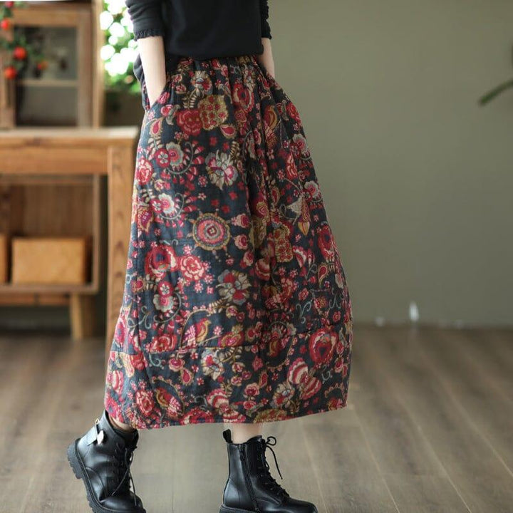 Winter Retro Print Cotton Linen Quilted Skirt - ZYLIRA