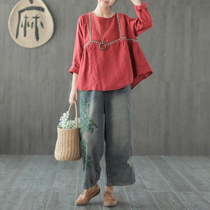 Women Autumn Retro Embroidery Loose Wide Leg Jeans - ZYLIRA