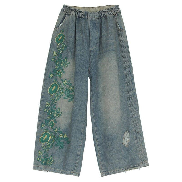 Women Autumn Retro Embroidery Loose Wide Leg Jeans - ZYLIRA