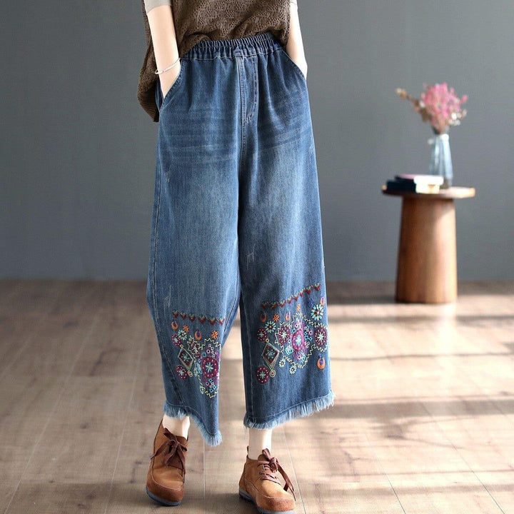 Women Autumn Retro Embroidery Wide Leg Jeans - ZYLIRA