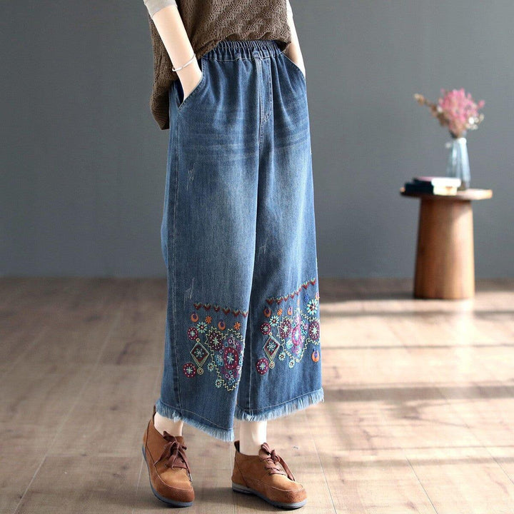 Women Autumn Retro Embroidery Wide Leg Jeans - ZYLIRA