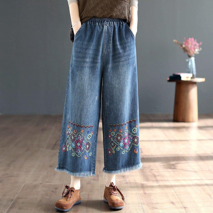 Women Autumn Retro Embroidery Wide Leg Jeans - ZYLIRA