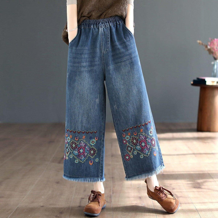 Women Autumn Retro Embroidery Wide Leg Jeans - ZYLIRA