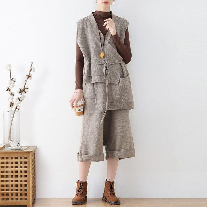 Women Autumn Retro Loose Knitted Vest & Pants Set - ZYLIRA