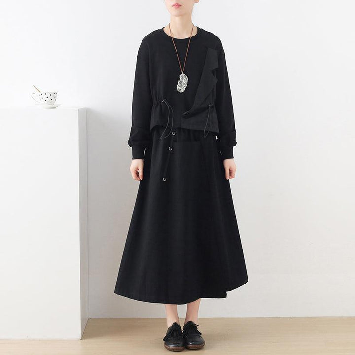 Women Autumn Solid Black Cotton A-Line Skirt - ZYLIRA