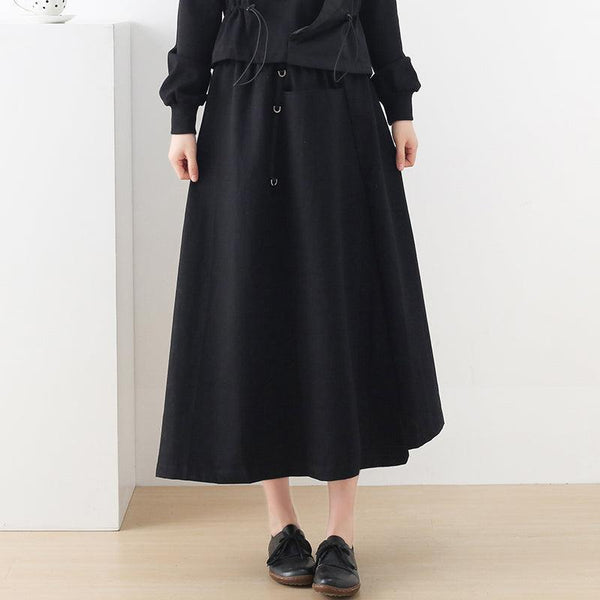 Women Autumn Solid Black Cotton A-Line Skirt - ZYLIRA