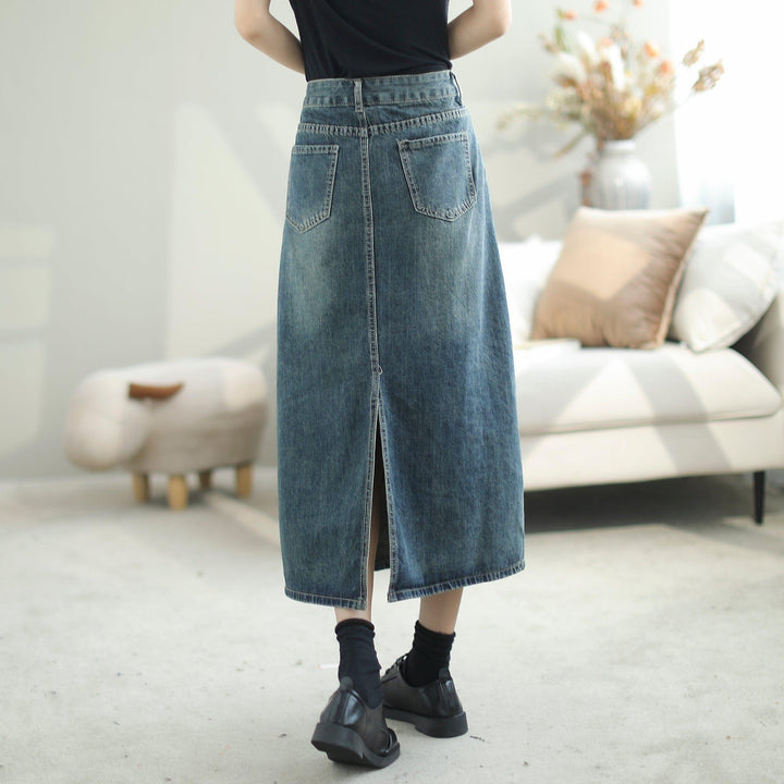 Women Autumn Solid Casual A-Line Denim Skirt - ZYLIRA