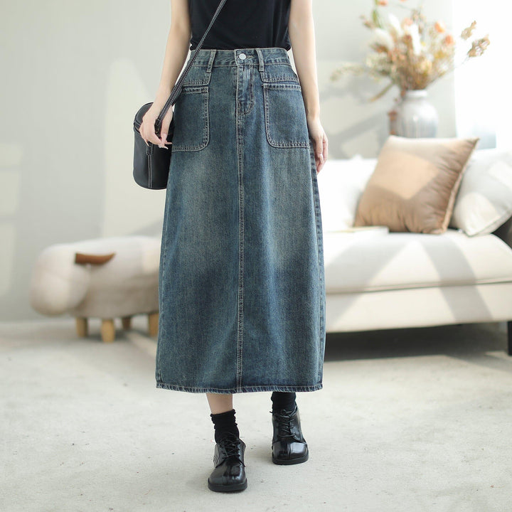 Women Autumn Solid Casual A-Line Denim Skirt - ZYLIRA