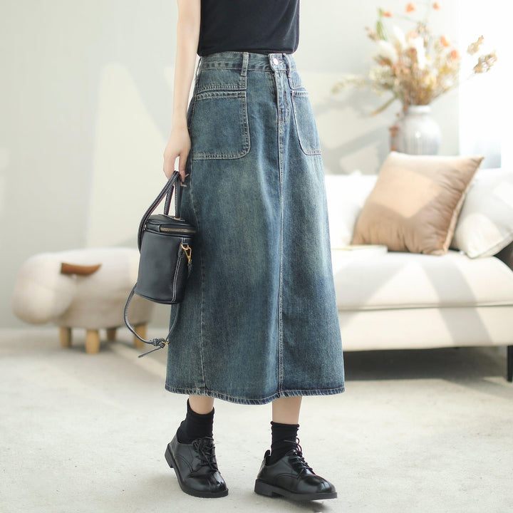 Women Autumn Solid Casual A-Line Denim Skirt - ZYLIRA