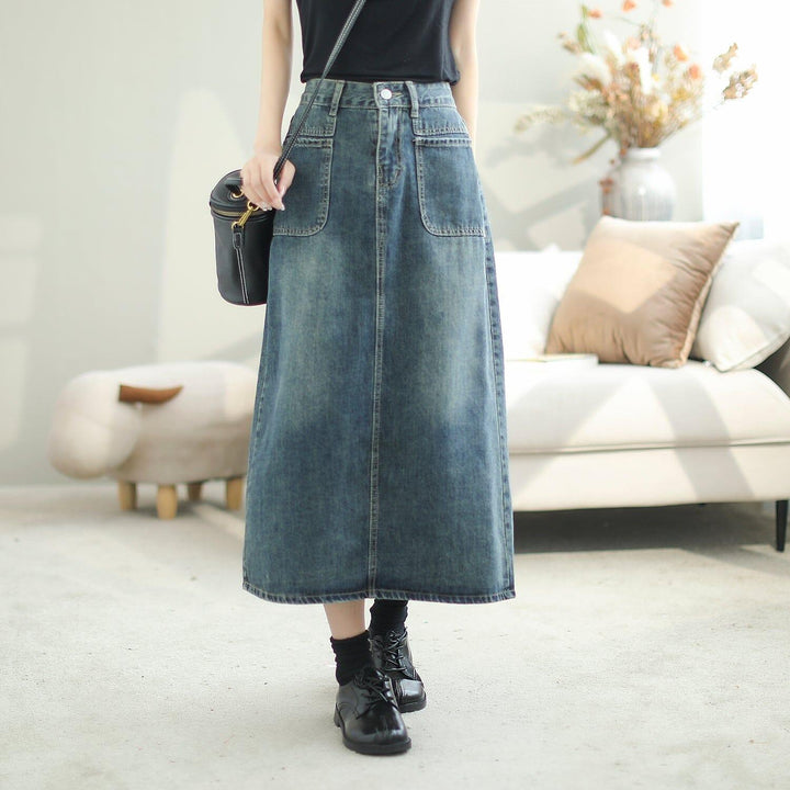 Women Autumn Solid Casual A-Line Denim Skirt - ZYLIRA