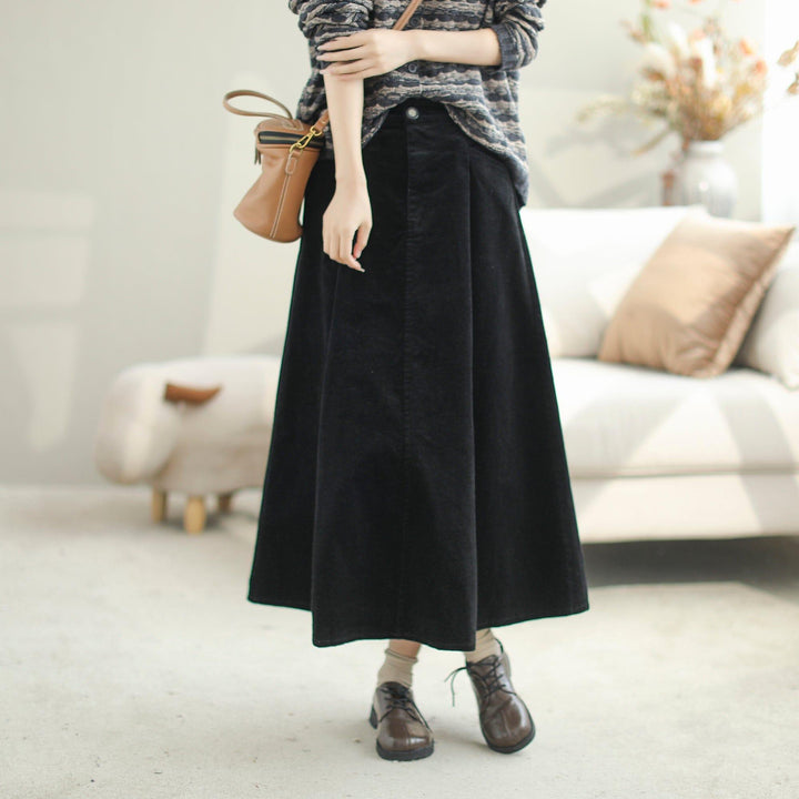 Women Autumn Solid Corduroy Casual A-Line Skirt - ZYLIRA