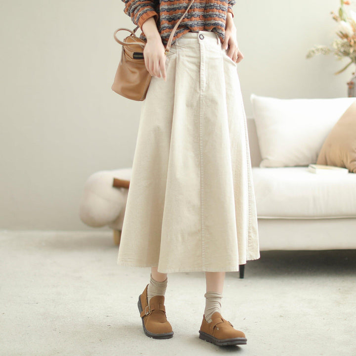 Women Autumn Solid Corduroy Casual A-Line Skirt - ZYLIRA