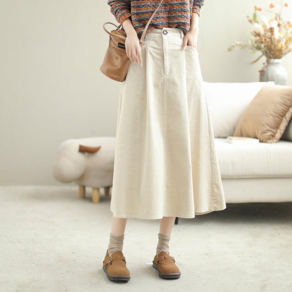 Women Autumn Solid Corduroy Casual A-Line Skirt - ZYLIRA