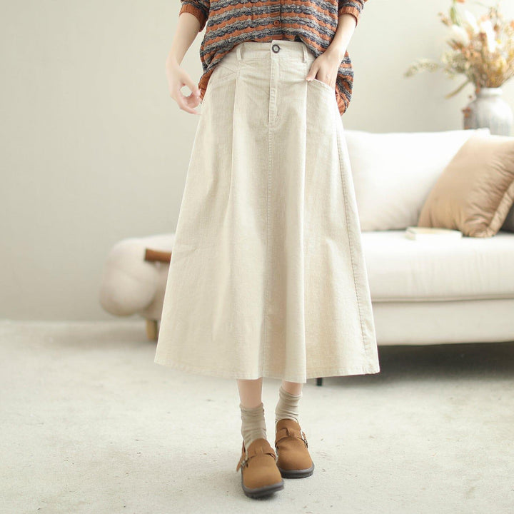 Women Autumn Solid Corduroy Casual A-Line Skirt - ZYLIRA