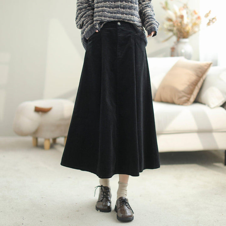 Women Autumn Solid Corduroy Casual A-Line Skirt - ZYLIRA