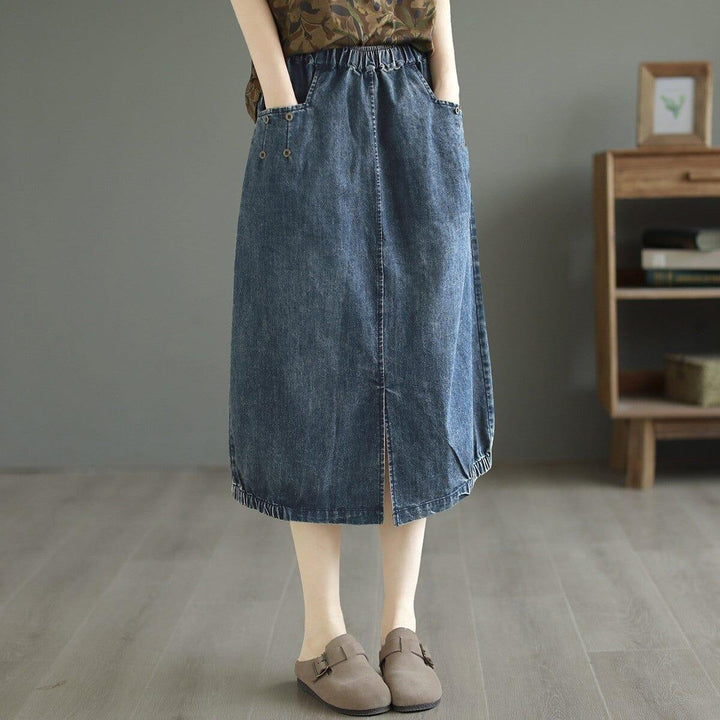 Women Casual Minimalist Cotton Split Denim Skirt - ZYLIRA