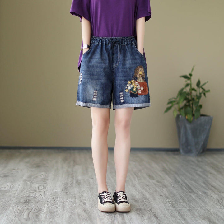 Women Loose Casual Embroidery Denim Shorts - ZYLIRA