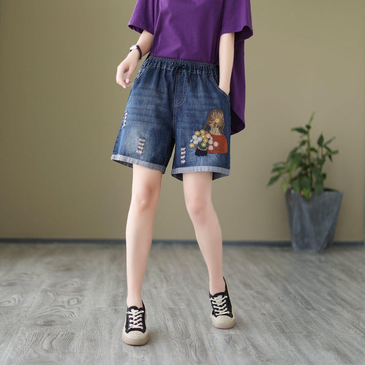 Women Loose Casual Embroidery Denim Shorts - ZYLIRA