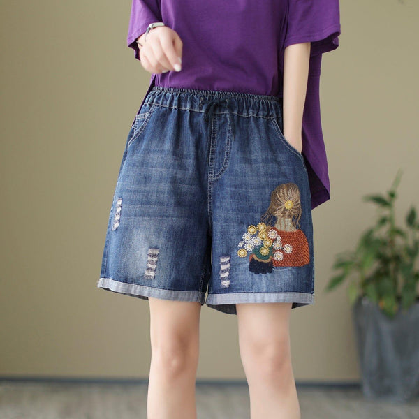 Women Loose Casual Embroidery Denim Shorts - ZYLIRA