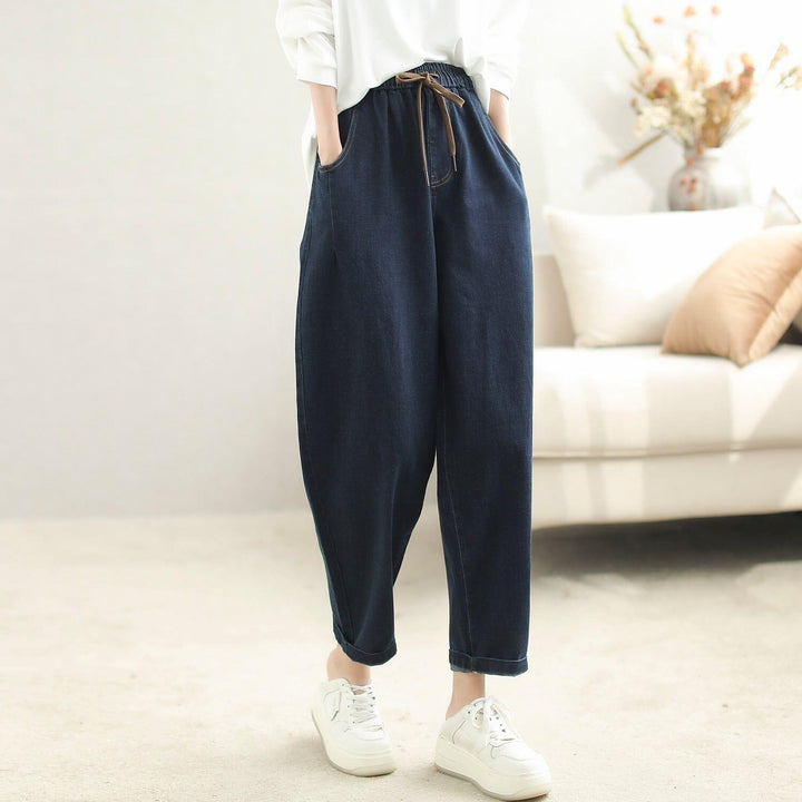 Women Loose Casual Solid Elastic Cotton Jeans - ZYLIRA