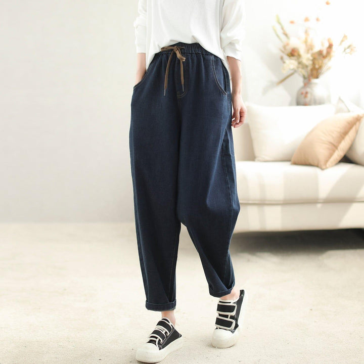 Women Loose Casual Solid Elastic Cotton Jeans - ZYLIRA