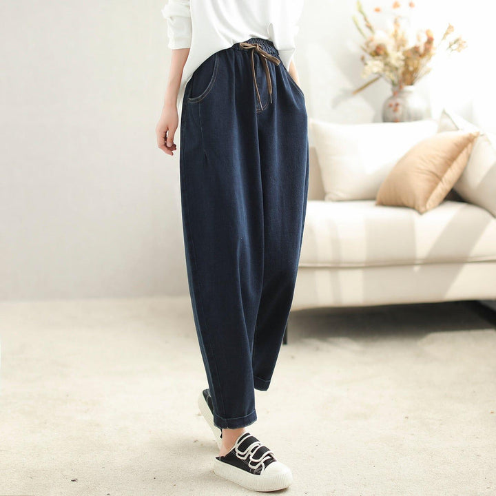 Women Loose Casual Solid Elastic Cotton Jeans - ZYLIRA