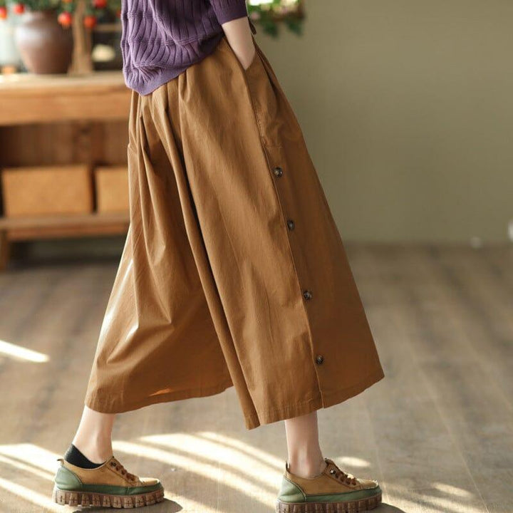 Women Retro Cotton Solid Wide Leg Trousers - ZYLIRA