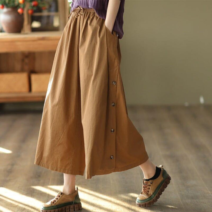 Women Retro Cotton Solid Wide Leg Trousers - ZYLIRA