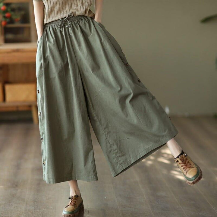 Women Retro Cotton Solid Wide Leg Trousers - ZYLIRA