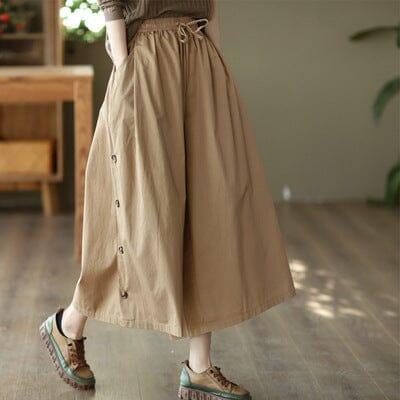 Women Retro Cotton Solid Wide Leg Trousers - ZYLIRA