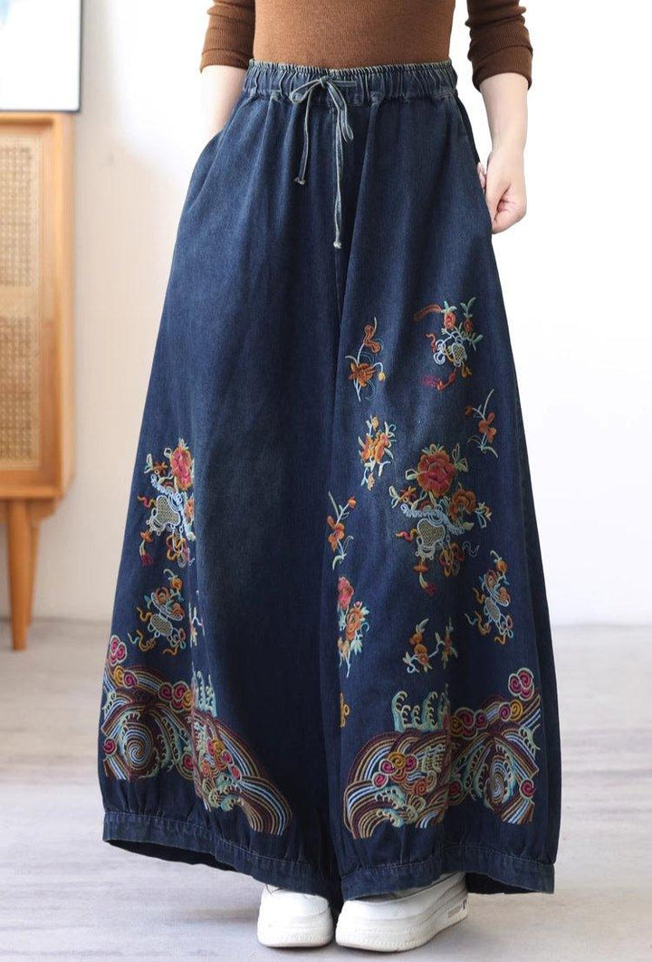 Women Retro Ethnic Style Embroidered Wide- Leg Jeans - ZYLIRA