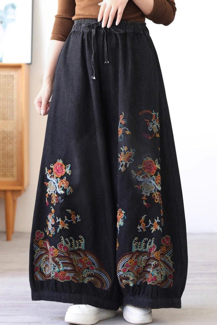 Women Retro Ethnic Style Embroidered Wide- Leg Jeans - ZYLIRA